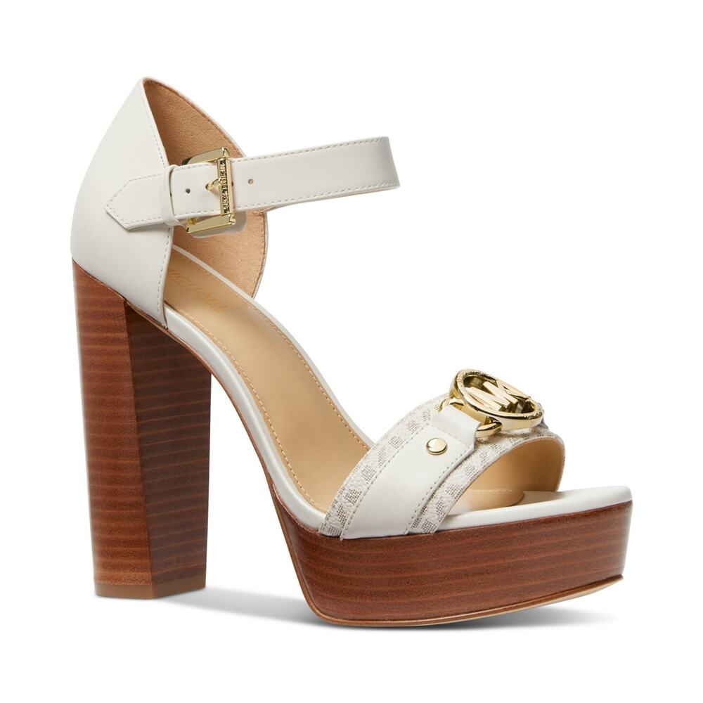 Michael Kors Women's MK Rory Leather and Logo Platform Sandal, White Size 9.5M